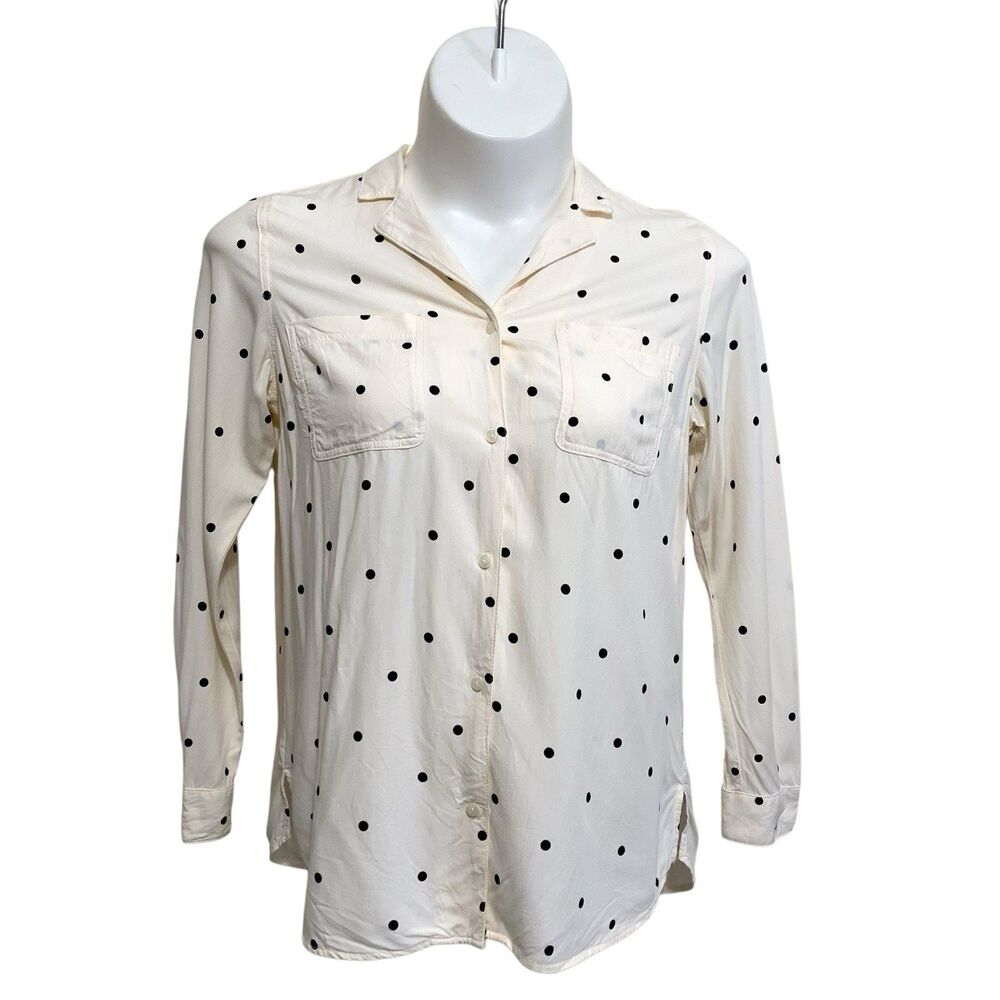 Old Navy Button-Up Blouse Womens Size Medium Ivory Black polka Dots Long Sleeve
